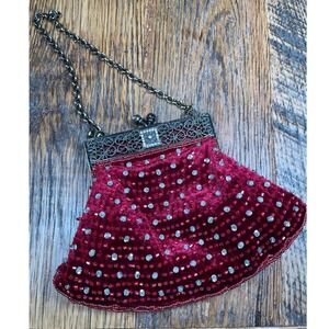 Vintage Burgundy Velvet Beaded Evening Bag Silver Filigree Kiss Lock Clutch Prom